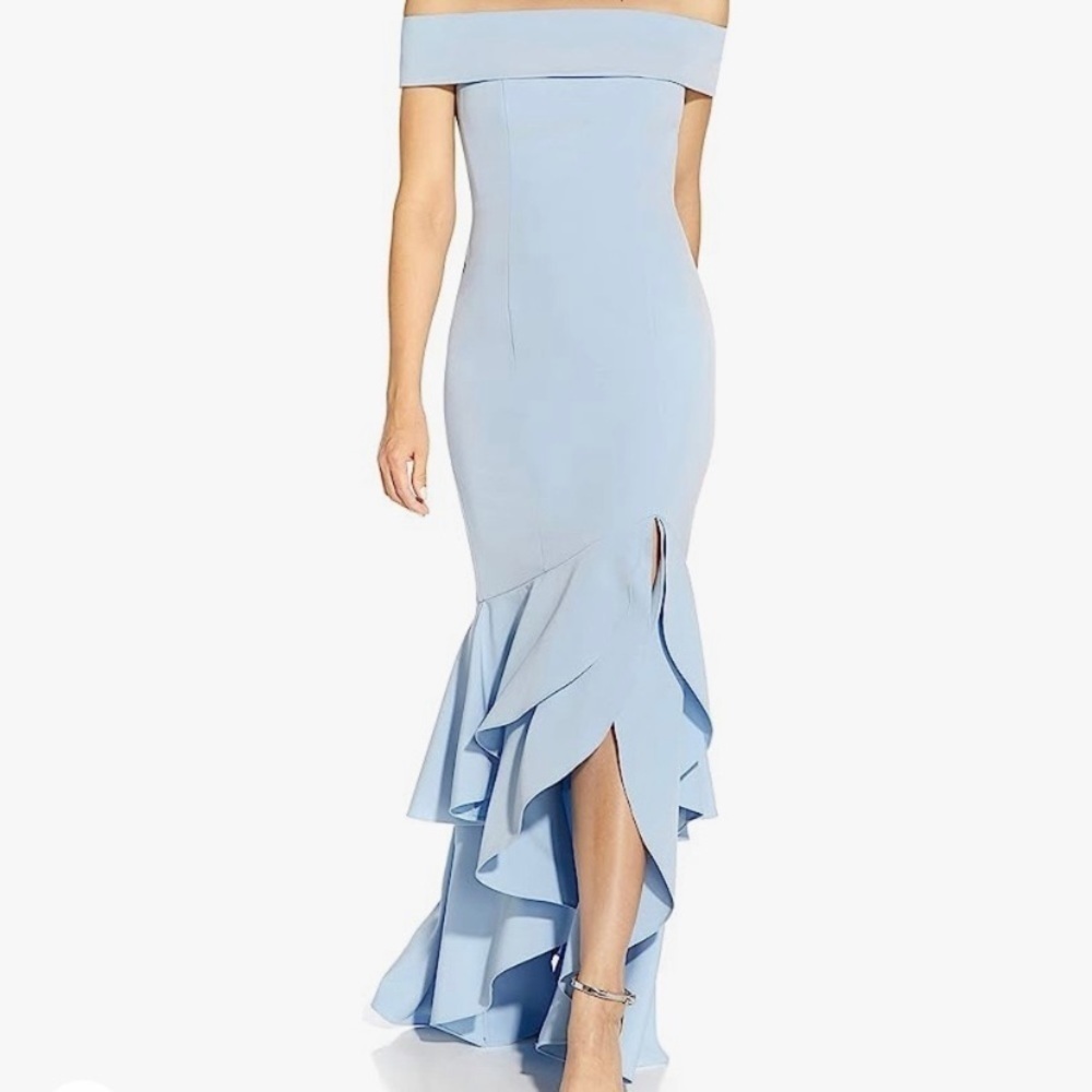 Adrianna Papell OFF-THE-SHOULDER CREPE HIGH-LOW GOWN WITH RUFFLE IN ELEGANT BLUE - Picture 4 of 7